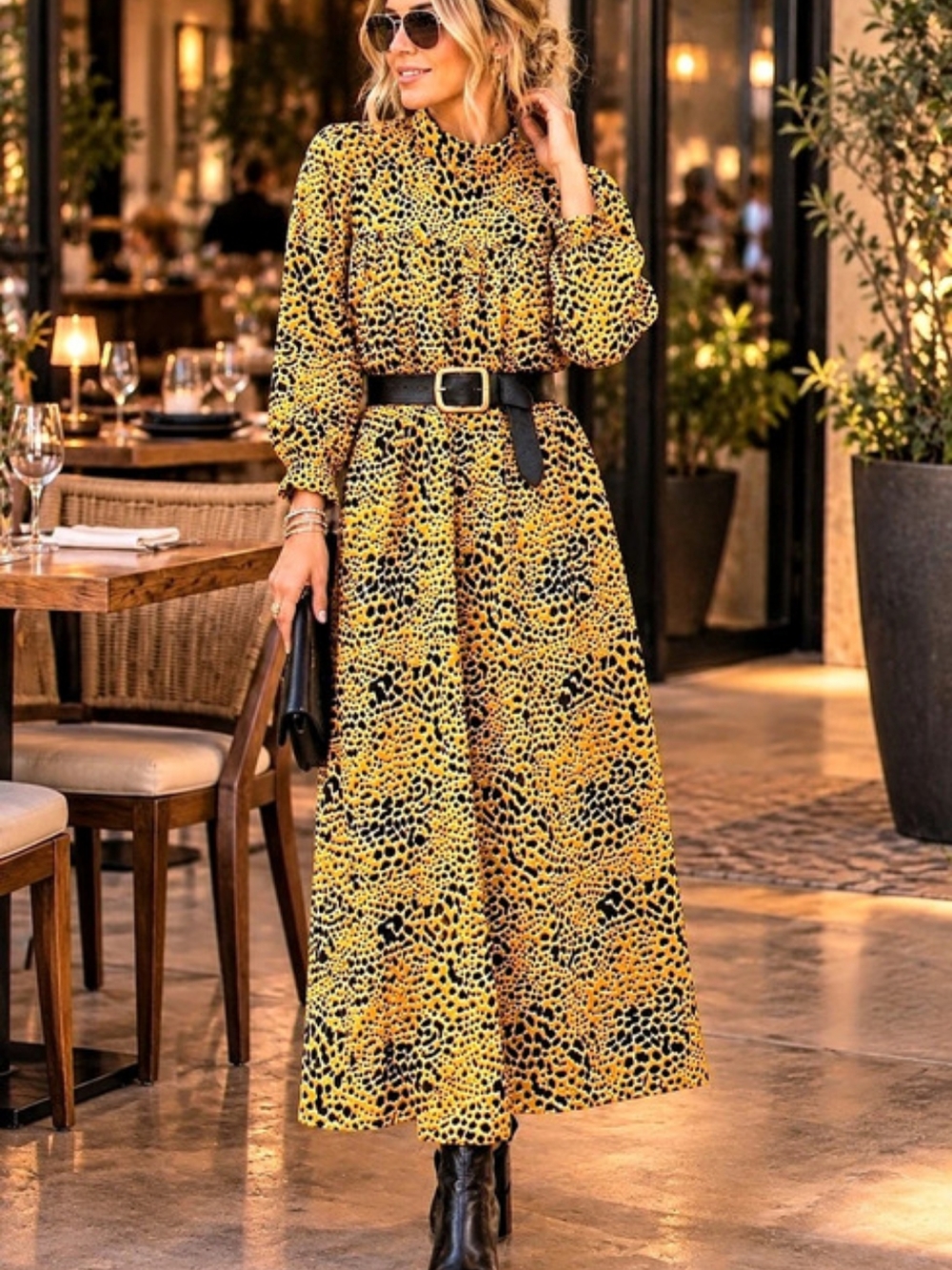 Topshop Animal Print Maxi Dress in Yellow & Black Size 6